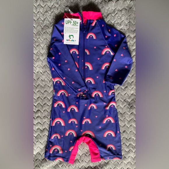 NEW Blue and Rainbow Short Sleeve Swimsuit from Upandfast in 9-12M - Picture 1 of 2